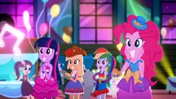 Size: 3410x1920 | Tagged: safe, derpibooru import, screencap, applejack, pinkie pie, rainbow dash, scribble dee, twilight sparkle, a photo booth story, eqg summertime shorts, equestria girls, balloon, bare shoulders, belt, clothes, cowboy hat, cutie mark, cutie mark on clothes, fall formal outfits, female, grin, hat, high res, image, jpeg, male, open mouth, open smile, sleeveless, smiling, strapless, twilight ball dress