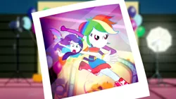 Size: 3410x1920 | Tagged: safe, derpibooru import, screencap, rainbow dash, rarity, a photo booth story, eqg summertime shorts, equestria girls, balloon, belt, boots, bracelet, butterfly wings, clothes, cutie mark, cutie mark on clothes, duo, duo female, fall formal outfits, female, hairpin, high res, image, jewelry, jpeg, open mouth, shoes, sleeveless, strapless, wings
