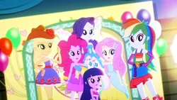 Size: 3410x1920 | Tagged: safe, derpibooru import, screencap, applejack, fluttershy, pinkie pie, rainbow dash, rarity, sci-twi, twilight sparkle, a photo booth story, eqg summertime shorts, equestria girls, balloon, bare shoulders, belt, boots, butterfly wings, clothes, cowboy hat, cutie mark, cutie mark on clothes, fall formal outfits, female, hairpin, hat, high res, humane five, humane six, image, jpeg, open mouth, shoes, sleeveless, strapless, twilight ball dress, wings