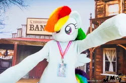Size: 2000x1330 | Tagged: safe, artist:kuou, derpibooru import, rainbow dash, human, arms wide open, clothes, convention, cosplay, costume, fursuit, image, irl, irl human, japan, jpeg, photo, solo, wild west