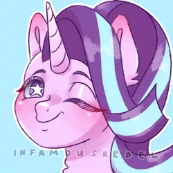 Size: 2900x2900 | Tagged: safe, artist:infamousrebel, derpibooru import, starlight glimmer, pony, unicorn, blue background, blushing, bust, cute, doodle, ear fluff, eyebrows, female, glimmerbetes, image, mare, neck fluff, outline, png, portrait, simple background, smiling, solo, starry eyes, white outline, white pupils, wingding eyes