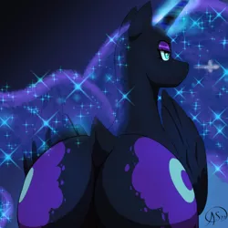 Size: 4000x4000 | Tagged: suggestive, alternate version, artist:aerospine, derpibooru import, nightmare moon, princess luna, alicorn, pony, butt, colored pupils, cutie mark, digital art, ethereal mane, ethereal tail, female, flowing mane, horn, image, large butt, mare, moonbutt, nightmare moonbutt, plot, png, starry mane, stars, tail, the ass was fat