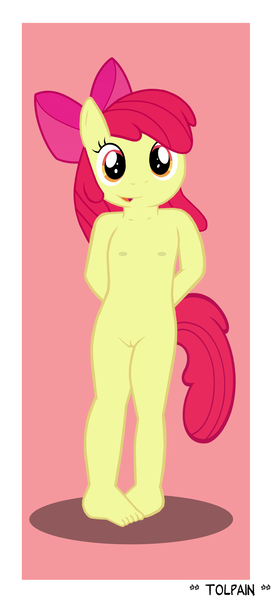 Size: 1004x2199 | Tagged: explicit, artist:tolpain, banned from derpibooru, apple bloom, anthro, earth pony, plantigrade anthro, adorabloom, breasts, cute, delicious flat chest, female, image, lolicon, nudity, png, simple background, solo, underage, vulva