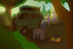 Size: 1800x1200 | Tagged: safe, artist:pony quarantine, derpibooru import, trixie, pony, unicorn, bedford rascal, bush, camper, campfire, camping, cape, clothes, clothes line, coffee, coffee cup, cup, female, forest, image, jpeg, kettle, laundry, mare, nightgown, sleepy, solo, tree, trixie's cape, yawn