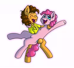 Size: 646x594 | Tagged: safe, artist:beefgummies, derpibooru import, cheese sandwich, pinkie pie, earth pony, pony, bridal carry, carrying, cheesepie, chest fluff, clothes, curly mane, duo, eyes closed, female, image, jpeg, looking sideways, male, mare, raised hoof, shipping, shirt, simple background, stallion, straight, white background