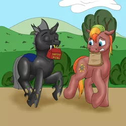 Size: 1280x1280 | Tagged: safe, artist:termyotter, derpibooru import, oc, oc:macrophage, oc:sunlight gear, changeling, pony, happy meal, image, jpeg, male, mouth hold, stallion