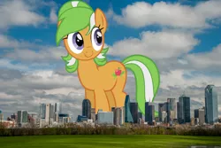 Size: 1280x857 | Tagged: safe, artist:sarxis, artist:thegiantponyfan, derpibooru import, apple leaves, earth pony, pony, apple family member, background pony, dallas, female, giant pony, giant/macro earth pony, giantess, highrise ponies, image, irl, macro, mare, mega giant, multicolored mane, multicolored tail, photo, png, ponies in real life, smiling, story included, tail, texas