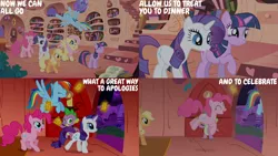 Size: 1280x720 | Tagged: safe, derpibooru import, edit, edited screencap, editor:quoterific, screencap, applejack, fluttershy, pinkie pie, rainbow dash, rarity, spike, twilight sparkle, dragon, earth pony, pegasus, pony, unicorn, season 1, the ticket master, ^^, applejack's hat, cowboy hat, eyes closed, female, flying, golden oaks library, hat, image, jpeg, library, male, mane seven, mane six, mare, night, open mouth, open smile, smiling, spread wings, stomach growl, stomach noise, text, unicorn twilight, wings