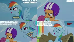 Size: 1280x720 | Tagged: safe, derpibooru import, edit, edited screencap, editor:quoterific, screencap, rainbow dash, scootaloo, pegasus, pony, parental glideance, season 7, bag, duo, eyes closed, female, filly, floppy ears, flying, foal, helmet, image, mare, open mouth, png, saddle bag, spread wings, text, wings