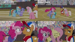 Size: 1280x720 | Tagged: safe, derpibooru import, edit, edited screencap, editor:quoterific, screencap, clear sky, fluttershy, pinkie pie, quibble pants, rainbow dash, wind sprint, earth pony, pegasus, pony, unicorn, common ground, season 9, spoiler:s09, boop, eyes closed, female, filly, foal, image, jpeg, male, mare, noseboop, open mouth, smiling, stallion, text