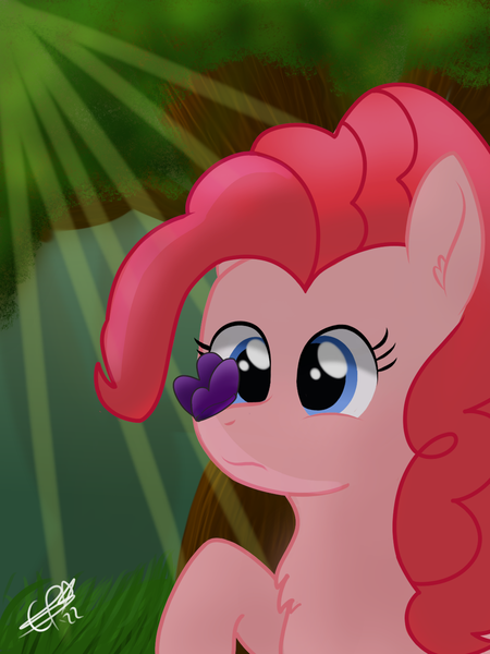 Size: 1200x1600 | Tagged: safe, artist:cobaltskies002, derpibooru import, pinkie pie, butterfly, earth pony, insect, pony, butterfly on nose, female, forest, forest background, grass, image, insect on nose, mare, png, solo, sunlight, tree