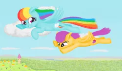 Size: 1200x699 | Tagged: safe, artist:xodok, derpibooru import, rainbow dash, scootaloo, pegasus, pony, series:ponyashnost, cloud, cutie mark, image, png, wings