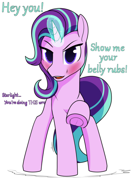 Size: 3500x4800 | Tagged: safe, artist:dacaoo, derpibooru import, starlight glimmer, pony, unicorn, blushing, image, implied twilight sparkle, looking at you, magic, offscreen character, png, raised hoof, simple background, solo, solo focus, text, transparent background, underhoof