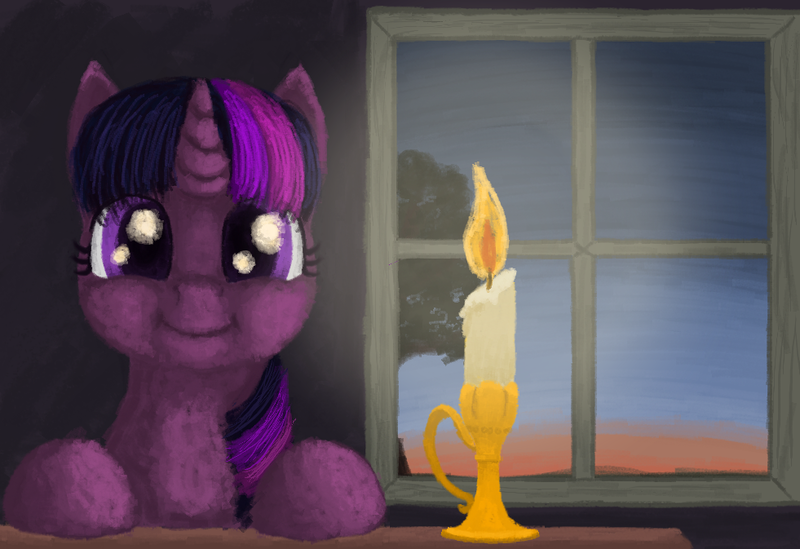 Size: 981x673 | Tagged: safe, artist:xodok, derpibooru import, twilight sparkle, pony, unicorn, series:ponyashnost, candle, horn, image, looking at you, png, smiling, window