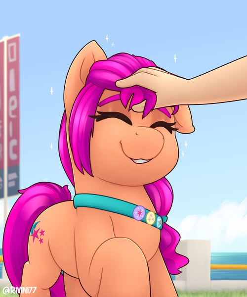Size: 2000x2400 | Tagged: safe, artist:rivin177, derpibooru import, sunny starscout, earth pony, human, pony, spoiler:g5, bag, braces, cuddling, g5, hand, hooves up, human on pony petting, image, maretime bay, petting, png, smiling