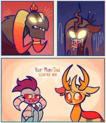 Size: 600x693 | Tagged: safe, artist:sockiepuppetry, derpibooru import, dragon lord torch, princess ember, queen chrysalis, thorax, changedling, changeling, changeling queen, dragon, 3 panel comic, comic, dialogue, dragoness, female, image, jpeg, king thorax, male, speech bubble