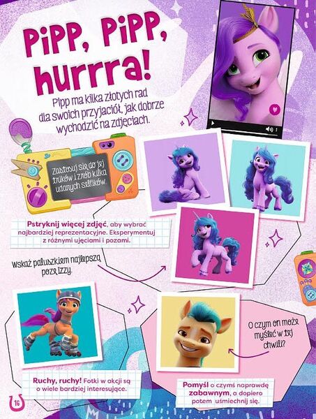 Size: 595x788 | Tagged: safe, derpibooru import, official, hitch trailblazer, izzy moonbow, pipp petals, sunny starscout, earth pony, pegasus, pony, unicorn, my little pony: a new generation, 2d, 3d, boombox, button, buttons, confident, cute, cutie mark, egmont, friendly, g5, helmet, horseshoes, image, izzybetes, jpeg, looking at you, looking away, magazine, multicolored hair, music, page, phone screen, phrase, pink background, pins, poland, polish, proud, purple background, raised hoof, roller skates, simple background, sitting, skating, smiling, smiling at you, sparkles, standing