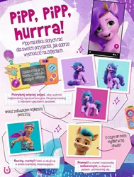 Size: 595x788 | Tagged: safe, derpibooru import, official, hitch trailblazer, izzy moonbow, pipp petals, sunny starscout, earth pony, pegasus, pony, unicorn, my little pony: a new generation, 2d, 3d, boombox, button, buttons, confident, cute, cutie mark, egmont, friendly, g5, helmet, horseshoes, image, izzybetes, jpeg, looking at you, looking away, magazine, multicolored hair, music, page, phone screen, phrase, pink background, pins, poland, polish, proud, purple background, raised hoof, roller skates, simple background, sitting, skating, smiling, smiling at you, sparkles, standing