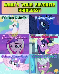 Size: 1920x2400 | Tagged: safe, derpibooru import, edit, edited screencap, editor:itsmgh1203, screencap, princess cadance, princess celestia, princess flurry heart, princess luna, spike, twilight sparkle, twilight sparkle (alicorn), alicorn, dragon, pony, friendship is magic, luna eclipsed, magical mystery cure, once upon a zeppelin, season 1, season 2, season 3, season 6, season 7, season 9, sparkle's seven, the crystalling, spoiler:s09, baby, baby pony, crown, female, hard-won helm of the sibling supreme, image, jewelry, jpeg, male, mare, night, open mouth, open smile, regalia, smiling, spread wings, text, winged spike, wings