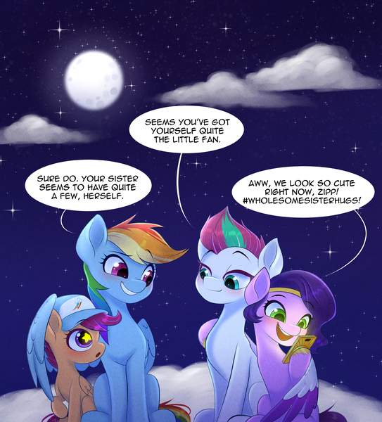 Size: 3593x3967 | Tagged: safe, artist:xfrncstomiku, derpibooru import, pipp petals, rainbow dash, scootaloo, zipp storm, pegasus, fanfic, adorapipp, adorazipp, blushing, cloud, cute, dashabetes, dialogue, fanfic art, female, g5, hashtag, hat, hug, image, jpeg, moon, night, on a cloud, phone, scootalove, siblings, sisters, sitting, sitting on cloud, social media, starry eyes, wingding eyes, winghug, wings