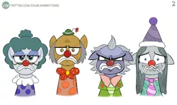 Size: 904x540 | Tagged: safe, artist:doublewbrothers, derpibooru import, cloudy quartz, igneous rock pie, limestone pie, marble pie, earth pony, pony, cloudy quartz is not amused, clown, clown makeup, clown nose, do i look angry, floppy ears, frown, image, jpeg, simple background, unamused, wavy mouth, white background