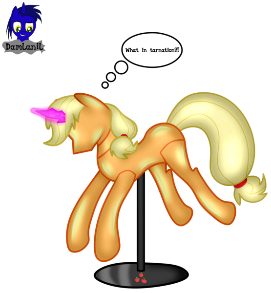 Size: 3840x4154 | Tagged: safe, artist:damlanil, derpibooru import, applejack, earth pony, pony, bondage, clothes, collar, comic, crystal horn, encasement, fake horn, female, horn, i have no mouth and i must scream, image, inanimate tf, latex, link in description, magic, magic aura, mannequin, mannequin tf, mare, no mouth, objectification, pedestal, petrification, png, ponyquin, rubber, shiny, show accurate, simple background, solo, speech bubble, text, transformation, transparent background, vector