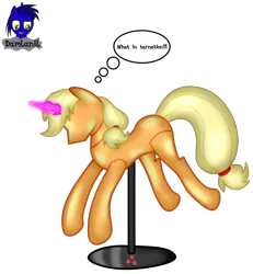 Size: 3840x4154 | Tagged: safe, artist:damlanil, derpibooru import, applejack, earth pony, pony, bondage, clothes, collar, comic, crystal horn, encasement, fake horn, female, horn, i have no mouth and i must scream, image, inanimate tf, latex, link in description, magic, magic aura, mannequin, mannequin tf, mare, no mouth, objectification, pedestal, petrification, png, ponyquin, rubber, shiny, show accurate, simple background, solo, speech bubble, text, transformation, transparent background, vector