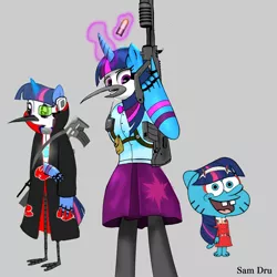 Size: 1414x1414 | Tagged: safe, artist:samueldavillo, derpibooru import, twilight sparkle, equestria girls, akatsuki, crossover, crossover shipping, female, fusion, grenade, gumball watterson, gun, image, looking at you, male, mordecai, mordetwi, naruto, png, radio, regular show, scouter, shipping, simple background, spongebob squarepants, spongebob squarepants (character), straight, the amazing world of gumball, trio, wat, we have become one, weapon