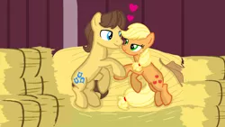 Size: 1280x720 | Tagged: safe, artist:mlplary6, derpibooru import, applejack, caramel, earth pony, pony, carajack, female, hay, image, looking at each other, male, mare, png, shipping, smiling, smiling at each other, snuggling, stallion, straight