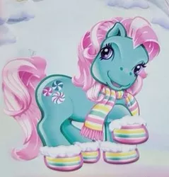 Size: 255x267 | Tagged: safe, derpibooru import, official, minty, earth pony, pony, backcard, booties, clothes, cute, g3, g3betes, green coat, image, jpeg, mintabetes, official art, outdoors, pink mane, purple eyes, raised hoof, scarf, simple background, snow, socks, solo, striped scarf, striped socks, that pony sure does love socks
