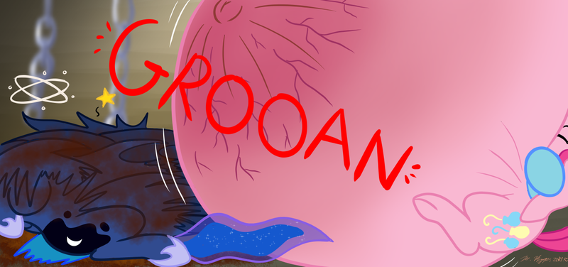 Size: 1280x602 | Tagged: suggestive, artist:necrofeline, derpibooru import, pinkie pie, princess luna, anthro, belly, belly button, big belly, breasts, burst, circling stars, dizzy, fat, female, huge belly, image, imminent popping, impossibly large belly, inflation, png, popping