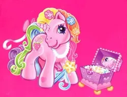 Size: 308x237 | Tagged: safe, derpibooru import, official, rarity (g3), pony, unicorn, backcard, bow, box, box art, flower, flower in hair, g3, image, jewelry, jewelry box, jpeg, magic wand, mirror, multicolored hair, necklace, official art, pink background, princess rarity, rainbow hair, reflection, simple background, solo, tail, tail bow, treasure chest, wand