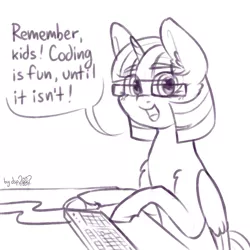 Size: 1024x1024 | Tagged: safe, artist:dsp2003, derpibooru import, twilight sparkle, twilight sparkle (alicorn), alicorn, pony, alternate hairstyle, comic, computer mouse, female, glasses, image, keyboard, looking at you, mare, monochrome, open mouth, png, programming, signature, simple background, single panel, sketch, speech bubble, truth, white background
