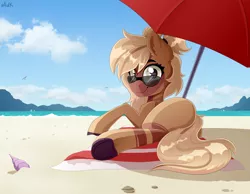 Size: 4500x3500 | Tagged: safe, artist:rainbowfire, derpibooru import, oc, unofficial characters only, earth pony, pony, :3, :p, beach, cloud, cute, female, glasses, heat, horizon, image, island, looking at you, ocean, png, resting, sky, smiling, solo, summer, sun, tongue out, umbrella, vacation, water