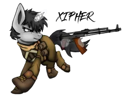 Size: 1466x1120 | Tagged: safe, derpibooru import, oc, oc:dossier, unofficial characters only, pony, unicorn, fallout equestria, action pose, ak-74, angry, assault rifle, black hair, boots, clothes, fanfic art, feral, focused, gray coat, gun, image, png, rifle, running, s.t.a.l.k.e.r., scarf, shoes, simple background, solo, transparent background, weapon