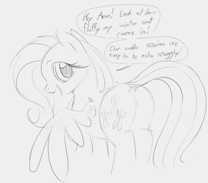 Size: 1153x1018 | Tagged: safe, artist:dotkwa, derpibooru import, fluttershy, pegasus, pony, butt, cute, dock, female, fluffy, flutterbutt, gray background, grayscale, image, implied anon, looking at you, looking back, looking back at you, mare, monochrome, pencil drawing, plot, png, shyabetes, simple background, solo, speech bubble, tail, talking to viewer, traditional art