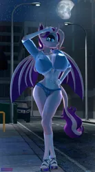 Size: 2123x3840 | Tagged: suggestive, artist:antonsfms, derpibooru import, oc, oc:shimmering spectacle, unofficial characters only, alicorn, anthro, bat pony, bat pony alicorn, plantigrade anthro, 3d, bat pony oc, bat wings, belly, belly button, blouse, car, city, clothes, club, commission, dumpster, erect nipples, fangs, feet, folded wings, hand on head, hand on hip, high heels, high res, horn, image, long nails, looking at you, magical lesbian spawn, magical threesome spawn, makeup, moon, moonlight, night, night sky, nipple outline, offspring, png, pose, shoes, sky, smiling, smiling at you, solo, source filmmaker, stars, street, streetlight, toes, wide hips, wings