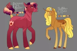 Size: 1280x850 | Tagged: safe, artist:felinenostalgic, derpibooru import, oc, oc:bumblebee comet, oc:poppysweet meadow, unofficial characters only, earth pony, pony, unicorn, brother and sister, coat markings, duo, female, flower, flower in hair, freckles, gray background, height difference, image, jpeg, male, mare, offspring, parent:big macintosh, parent:twilight sparkle, parents:twimac, siblings, simple background, stallion