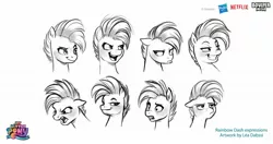 Size: 2048x1080 | Tagged: safe, artist:imalou, boulder media, derpibooru import, rainbow dash, pegasus, pony, behind the scenes, boulder media logo, bust, concept art, expressions, female, g5 concept leaks, grayscale, hasbro, hasbro logo, head only, image, jpeg, logo, mare, monochrome, my little pony: a new generation logo, netflix, netflix logo, rainbow dash (g5 concept leak), simple background, solo, white background