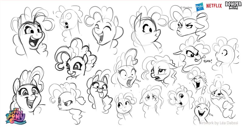 Size: 2048x1080 | Tagged: safe, artist:imalou, boulder media, derpibooru import, pinkie pie, pegasus, pony, my little pony: a new generation, behind the scenes, boulder media logo, bust, concept art, expressions, female, g5, g5 concept leaks, hasbro, hasbro logo, image, jpeg, logo, mare, monochrome, my little pony: a new generation logo, netflix, netflix logo, pegasus pinkie pie, pinkie pie (g5 concept leak), race swap, solo