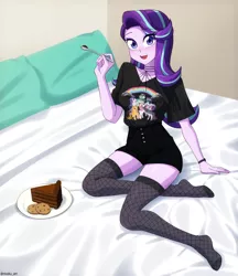 Size: 972x1125 | Tagged: safe, artist:riouku, derpibooru import, starlight glimmer, equestria girls, bed, bedroom, blanket, cake, chocolate, choker, clothes, commission, cookie, cute, female, fishnets, food, glimmerbetes, image, open mouth, pillow, plate, png, shirt, shorts, socks, solo, spoon, stockings, t-shirt, thigh highs, wristband