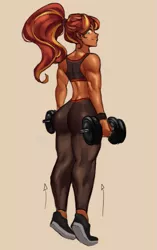 Size: 597x948 | Tagged: safe, artist:nire, derpibooru import, dumbbell, sunset shimmer, equestria girls, breasts, bunset shimmer, busty sunset shimmer, butt, clothes, exercise, female, hairband, image, leggings, looking at you, looking back, looking back at you, muscles, muscular female, no pupils, pants, png, shoes, smiling, smiling at you, sports bra, sports shoes, sunset lifter, training, weight lifting, wristband, yoga pants