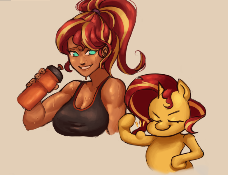 Size: 1181x906 | Tagged: safe, artist:nire, derpibooru import, sunset shimmer, unicorn, equestria girls, alternate hairstyle, biceps, bottle, breasts, busty sunset shimmer, cleavage, clothes, dripping, eyes closed, female, flexing, flexing muscles, hairband, image, lips, muscles, muscular female, no pupils, png, ponytail, self paradox, self ponidox, smiling, smirk, sports bra, sweat, water bottle