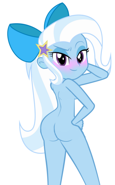 Size: 1061x1697 | Tagged: questionable, artist:videogamefan6, derpibooru import, edit, trixie, equestria girls, ass, blushing, bow, breasts, butt, dreamworks face, female, hair bow, hand on hip, image, looking at you, looking back, looking back at you, nudity, png, rear view, simple background, solo, solo female, stupid sexy trixie, the great and powerful ass, transparent background