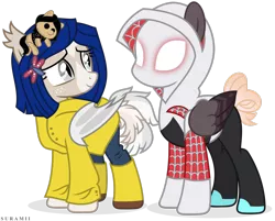 Size: 2733x2194 | Tagged: safe, artist:suramii, derpibooru import, oc, oc:cuddy, oc:night vision, bat pony, pegasus, clothes, coraline, costume, image, nightmare night costume, png, simple background, spider-gwen, transparent background