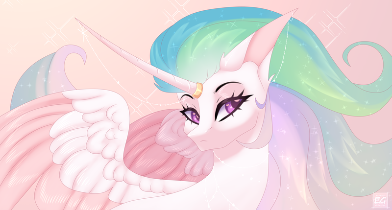 Size: 3840x2060 | Tagged: safe, artist:elektra-gertly, derpibooru import, princess celestia, alicorn, pony, curved horn, horn, image, png, solo