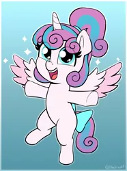Size: 1404x1886 | Tagged: safe, artist:heretichesh, derpibooru import, princess flurry heart, alicorn, pony, bow, cute, eye clipping through hair, female, filly, filly flurry heart, flurrybetes, foal, gradient background, image, jpeg, looking at you, older, older flurry heart, open mouth, open smile, outstretched arms, smiling, smiling at you, solo, sparkles, spread wings, tail, tail bow, wings