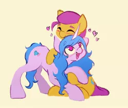 Size: 2000x1688 | Tagged: safe, artist:adamscage, derpibooru import, izzy moonbow, sunny starscout, earth pony, pony, unicorn, blushing, cuddling, cute, eyes closed, female, g5, heart, hug, image, izzyscout, jpeg, lesbian, mare, open mouth, open smile, shipping, simple background, sitting, smiling, tan background