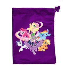 Size: 1228x1280 | Tagged: safe, derpibooru import, official, applejack, fluttershy, pinkie pie, rainbow dash, rarity, spike, twilight sparkle, twilight sparkle (alicorn), alicorn, dragon, earth pony, pegasus, pony, unicorn, dice bag, dragons riding ponies, female, game, image, jpeg, male, mane seven, mane six, mare, merchandise, movie accurate, my little pony roleplaying game, pen and paper rpg, renegade game studios, riding, rpg, simple background, smiling, stock vector, white background