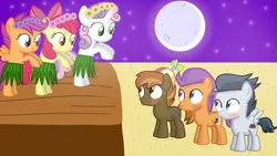 Size: 1280x720 | Tagged: safe, artist:mlplary6, derpibooru import, apple bloom, button mash, rumble, scootaloo, sweetie belle, tender taps, earth pony, pegasus, pony, unicorn, blushing, colt, dancing, female, filly, foal, hula, image, male, png, rumbloo, shipping, smiling, straight, sweetiemash, tenderbloom